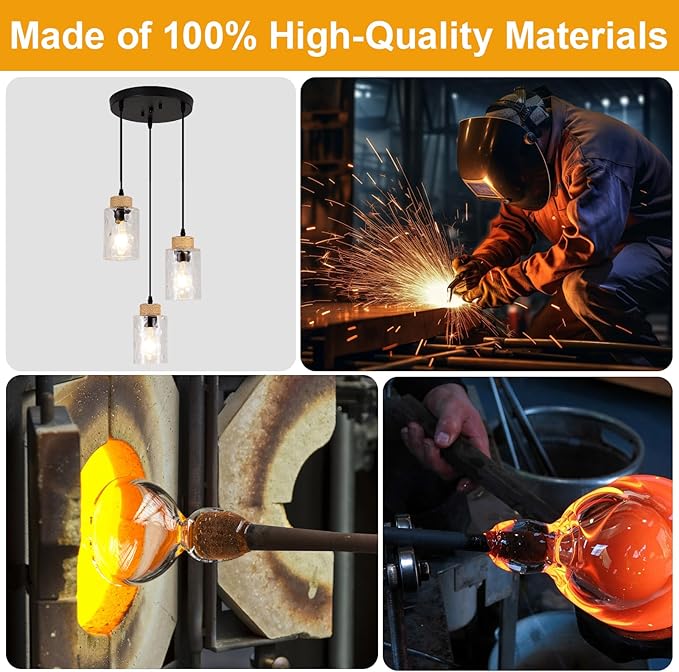 3-Light Pendant Light Fixtures, Black Pendant Lights Kitchen Island, Adjustable Pendant Lighting with Clear Hammered Glass Shade, Modern Hanging Light Fixtures for Dining Room, Hallway, Living Room