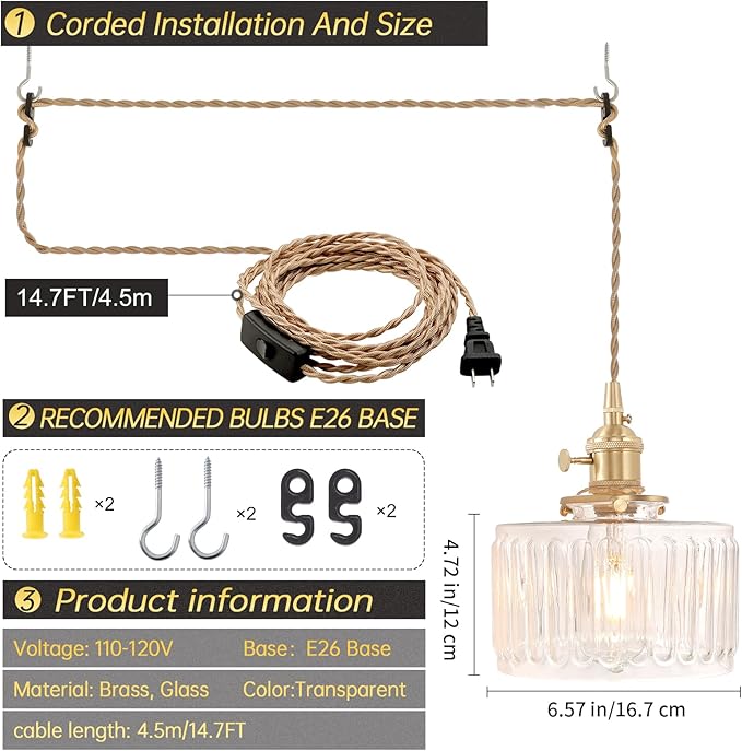 Shenmoyl Plug in Pendant Light Hanging Light Fixtures with Plugin Cord On/Off Switch,Clear Striped Glass Lampshade Brass Pendant Light