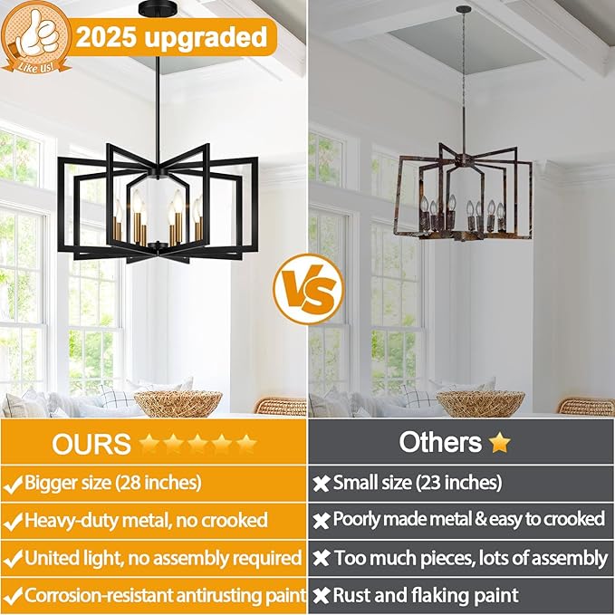 25"-61" Height Adjustable Modern Black and Gold Chandelier for Dining Room, No Assembly Required Dining Room Light Fixture Over Table, Industrial Metal Pendant Lights Fixture for Kitchen Island