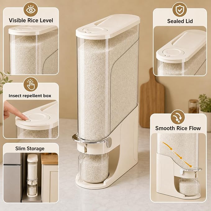 Rice Dispenser 22 Lb, Slim Rice Storage Container with Double Sealing Strip, Press to Dispense Cereal Container Airtight for Kitchen Pantry Organization, (Creamy Yellow-22lb)