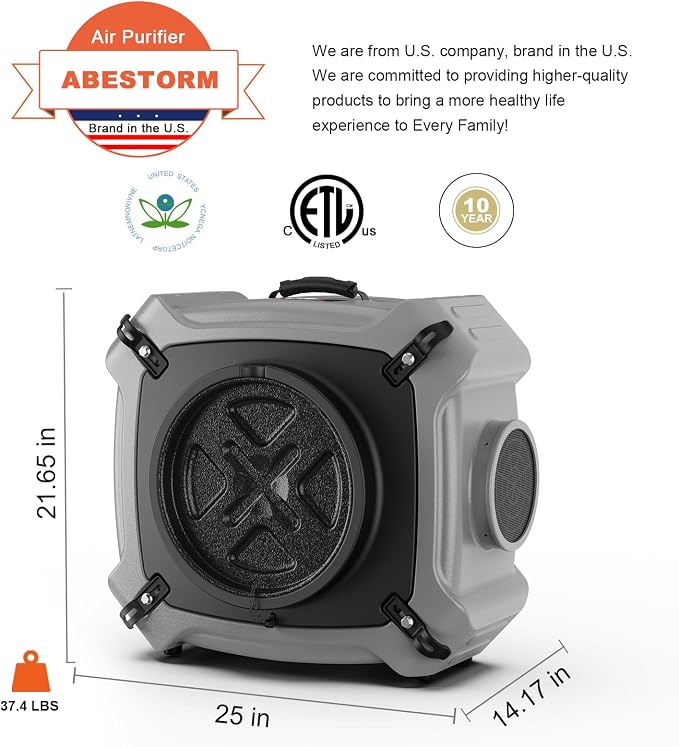 Abestorm Air Scrubber with MERV-10 Pre-Filter, HEPA/Activated Carbon Filter for Commercial/Industrial Use, 750 CFM Stackable Negative Air Machine with UV-C Light 4 Stage Filtration System, V1