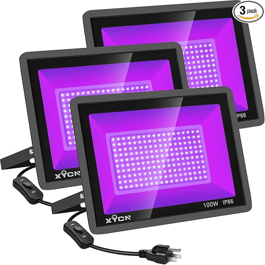 XYCN 3 Pack 100W LED Black Light, Blacklight Flood Light with Plug and Switch, IP66 Waterproof Neon Glow for Party, Halloween, Fluorescent Poster, Body Paint, Aquarium