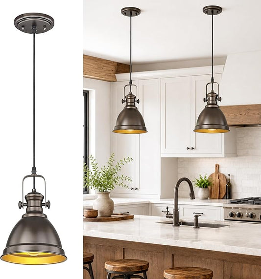 Pendant Lights Kitchen Island, 8" Farmhouse Hanging Lights Fixtures with Metal Shade, Rustic Kitchen Pendant Lighting Over Island for Dining Room, Oil Rubbed Bronze, AD-2151-1PM-ORB