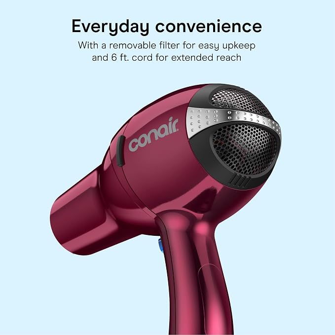 Conair Salon Hair Dryer | 1875-Watt AC Motor Fast Drying Salon Dryer, Reduces Frizz with Ionic Technology, Burgundy with Bonus Brush, 279BRL