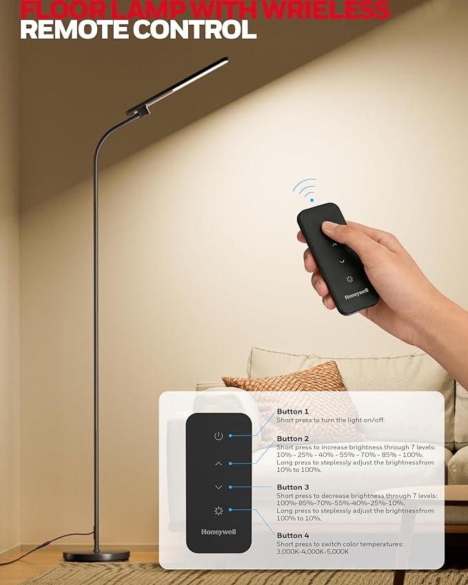 Honeywell LED Floor Lamp for Reading, CRI97 Full Spectrum Gooseneck Floor Lamp with Remote, Eye-Caring Dimmable Standing Task Light, 3 Color Temperatures, 77.5" Tall for Living Room Bedroom Office