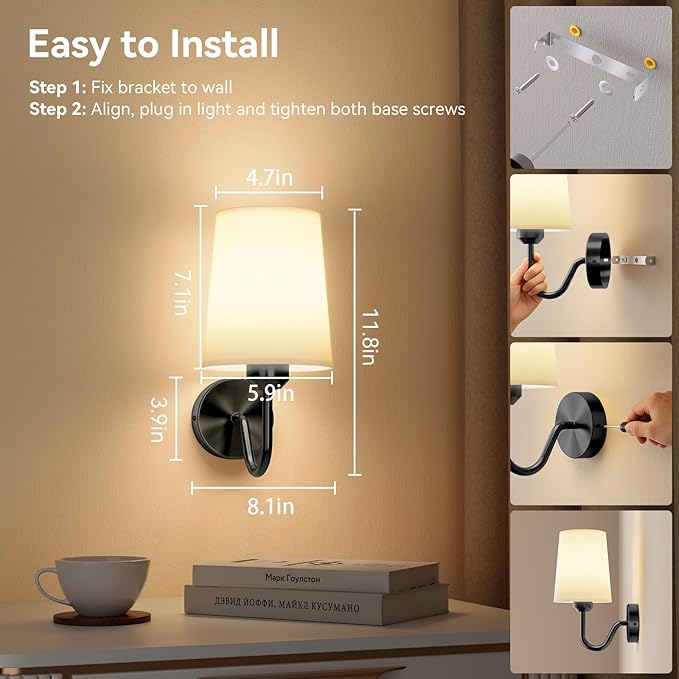Ouyulong Battery Operated Wall Sconces Set of 2 Wireless Rechargeable Dimmable Wall Light with RGB Bulb and Remote for Bedroom, Living Room, Hallway (Black)