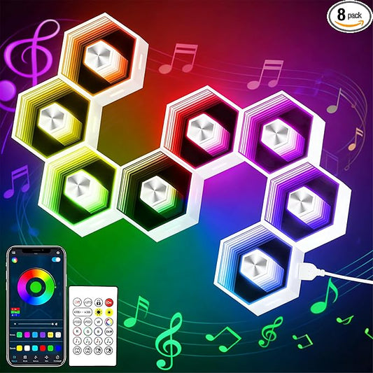 Hexagon LED Lights - 8 Pack Smart APP RGB Gaming LED Light with Remote Control & Music Sync Honeycomb Shape Hexagon Wall Lights for Bedroom, Living Room Wall, Gaming Decor
