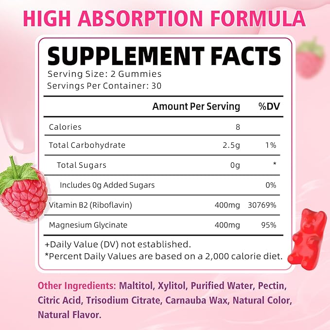 Paquet de Gommes de Vitamine B2 400mg | Supplément de Riboflavine avec Magnésium pour Enfants et Adultes, Gommes B2 pour le Soulagement de la Migraine, la Santé du Système Nerveux et de la Peau, Végétalien, Sans Sucre, Saveur Framboise, 120 Unités