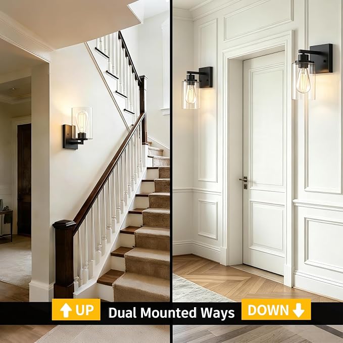 Wall Sconces Set of 2 Matte Black Vanity Lights for Bathroom, Modern Wall Light Fixtures Sconce Lights Indoor with Clear Glass Farmhouse Wall Mount Lamp for Bedroom Mirror Living Room Hallway E26 Base