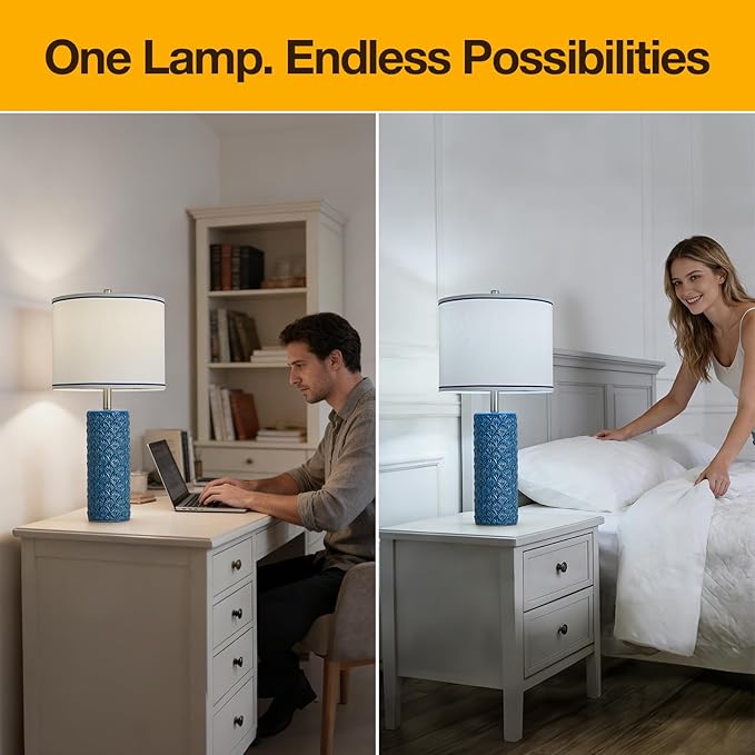 27" Farmhouse Bedside Table Lamp Set of 2, Bule Modern Ceramic Lamps for Living Room, 3 Color Temperature Rustic Table Lamps for Bedroom, Night Stands, Dorm,Office, Home Décor (Bulb Included)