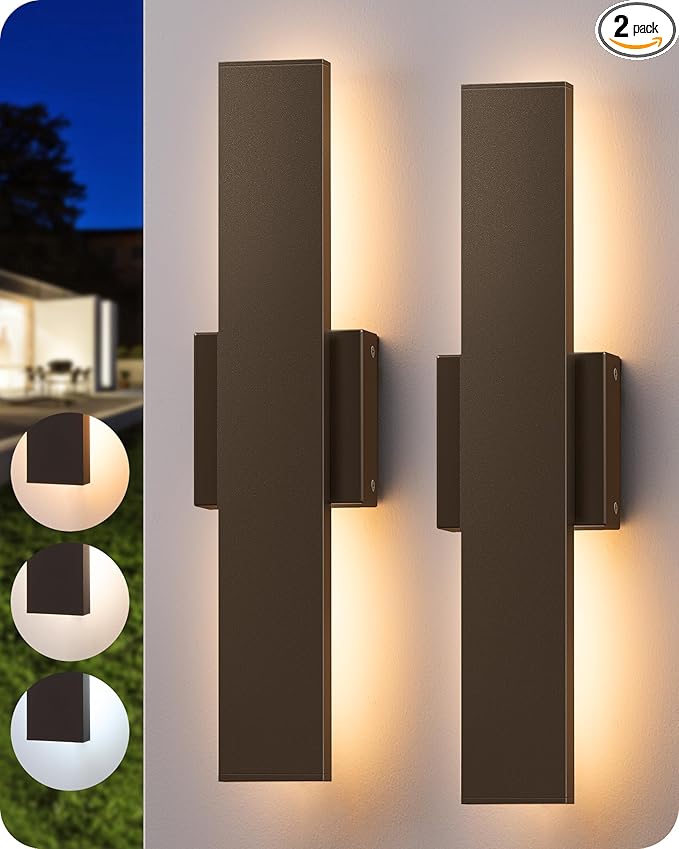EDISHINE 2 Pack LED Outdoor Wall Lights Dimmable, 15.7" Rectangular Modern Exterior Wall Light, 3CCT, Iron & PC, IP65 Waterproof Outdoor Wall Sconce for Patio, Corridor, Oil Rubbed Bronze