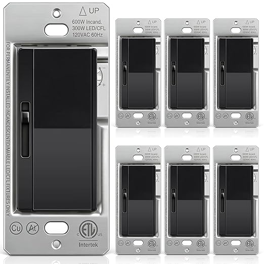 BESTTEN 6 Pack Super Slim Slide Dimmer Light Switch, Single Pole or 3 Way Dimmer Switches, Compatible with LED Dimmable Lamp, CFL, Incandescent, Halogen Bulb, Black, ETL Listed