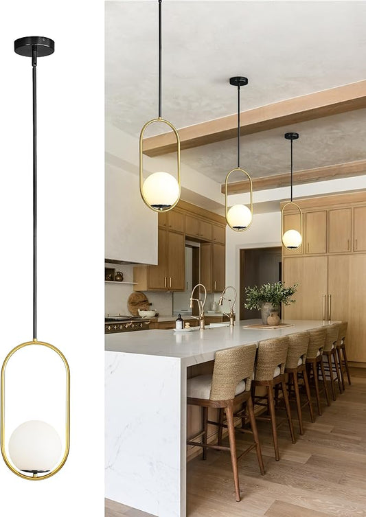 Yunnix Pendant Lights Kitchen Island, Pendant Light Fixtures, Modern Black and Gold Globe Glass Pendant Lighting, Mid Century Chandelier One Light for Bathroom Bedroom Dining Room