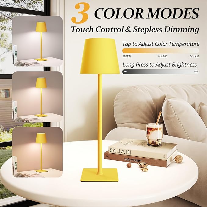 CHLORANTHUS 2 Pack Cordless Table Lamps, 3 Colors Stepless Dimming, 5000mAh Rechargeable Battery LED Desk Lamp for Bedroom/Couple Dinner/Desk/Cafe/Dining Room/Terrace
