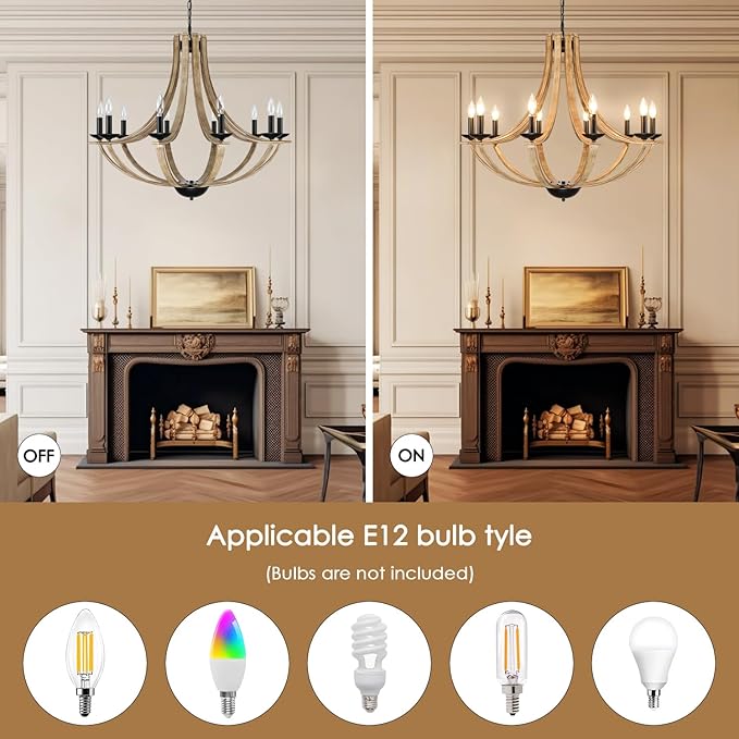 LAMPKEDUO Farmhouse Chandeliers for Dining Room Light Fixture, 10-Light 35" Adjustable Height Retro Faux Wood Texture Rustic Light Fixtures for Living Room Bedroom Kitchen Island Foyer Entryway
