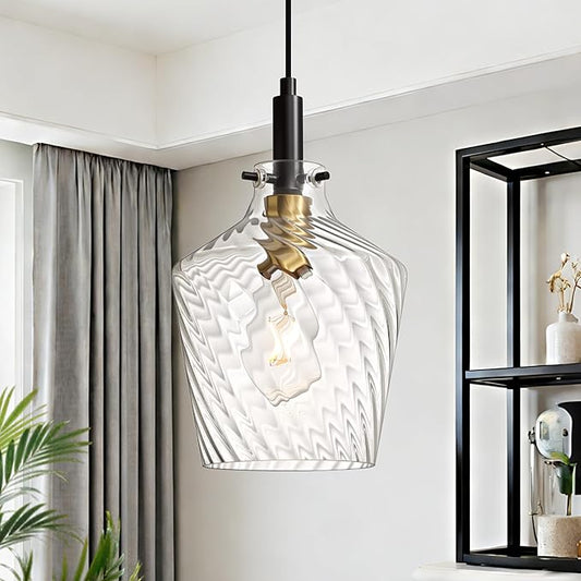 Modern Stripes Clear Glass Pendant Lighting for Kitchen Island 1 Pack, Farmhouse Black and Gold Pendant Light Fixtures, Height Adjustable Ceiling Pendant Light, 8 Inch