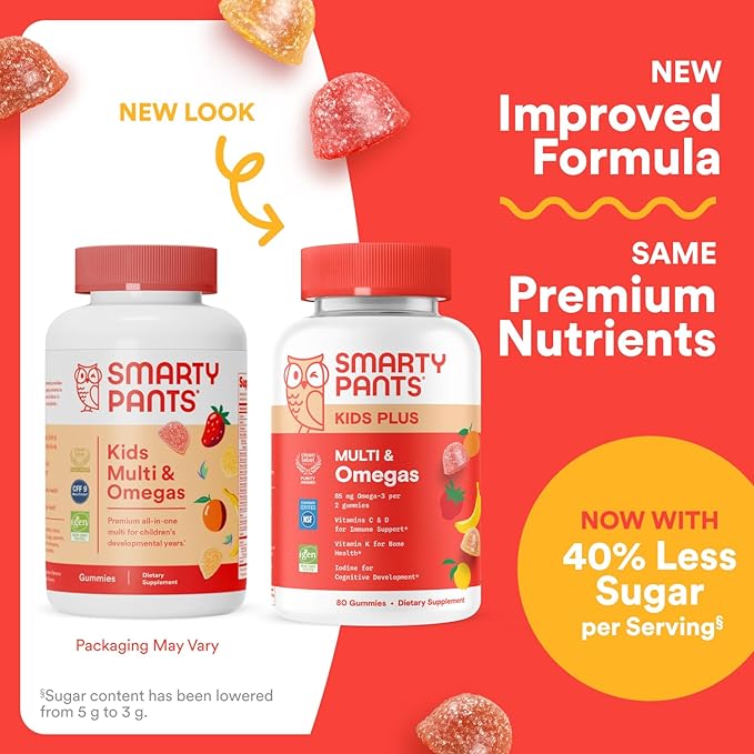 SmartyPants Kids Multivitamin Gummies - Improved Formula: Omega 3 (DHA/EPA), Vitamins D3, C, B12, B6, Vitamin A, K & Zinc, Gluten Free, Three Fruit Flavors, 80 Count (40 Day Supply)