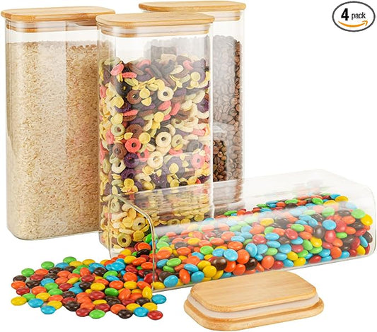 D2scrma 64oz Rectangle Airtight Glass Storage Containers with Bamboo Lids (Set of 4), Square Food Storage Jar, Pantry Organizers for Cereal, Flour, Pasta and Coffee beans (‎with Black Lable)