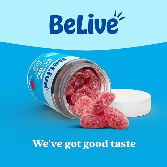 Gummies BeLive Vitamine D3 avec Vitamines B12 - 60 unités I Gommes de soutien immunitaire avec Vitamines B12 et D3 végétaliennes, pour des os et des muscles plus forts, la santé cardiaque et l'énergie - Saveur Fraise