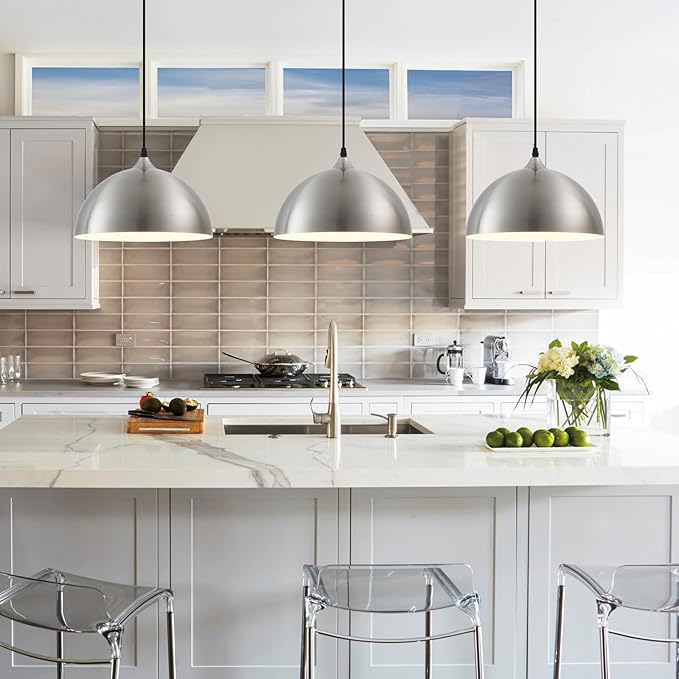 Brushed Nickel Pendant Light Kitchen Island 3 Pack, 11.8" Farmhouse Pendant Lights,Dome Pendant Light for Bedroom Dining Room Sink Hallway Foyer Barn Cafe
