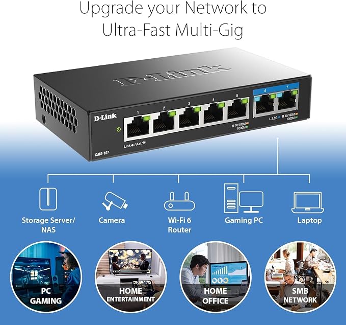 D-Link 7-Port 2.5GB Unmanaged Gaming Switch with 2 x 2.5G, 5 x 10/100/1000 Mbps - Multi-Gig, Network, Fanless, Plug & Play (DMS-107) Black