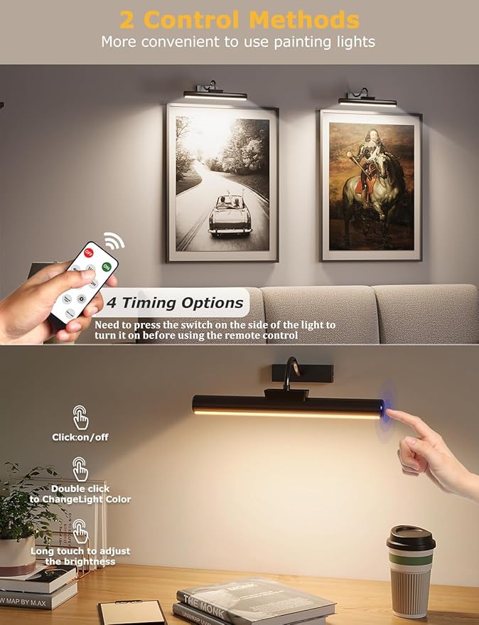 16" Aluminum Wireless Picture Lights for Wall, 5000mAh Rechargeable Battery Operated Wall Art Lighting, Dimmable 3-Color Gallery Painting Light for Pictures On Wall, with Remote/Timer [Black, 2Pack]