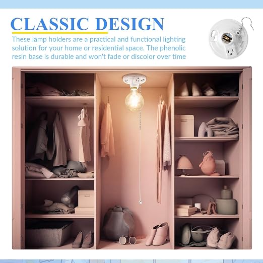 4 Pack Light Socket with Outlet and Pull Chain Light Fixture, Bulb Socket with Grounded Outlet, E27/e26 Base, Box Mount for Indoor Garage Closet Lighting (Phenolic Resin)