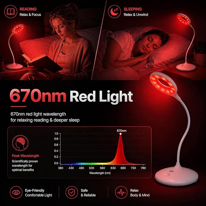 Rechargeable Desk Lamp, 3 Color Modes with Red Light Therapy & Eye Protection Orange Light, Stepless Dimming Touch Control, No Blue Light, Portable Cordless Reading Lamp for Bedroom Office Students