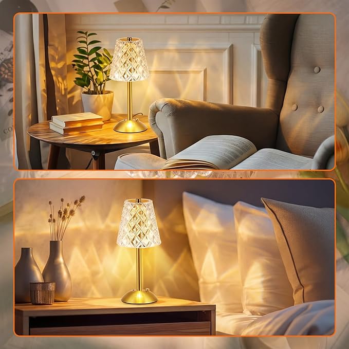 Liliful 1 Pcs Cordless Table Lamp Rechargeable Touch LED Small Gold Portable Battery Operated USB-c Desk Lamp 3 Color Dimmable for Bedroom Living Room Dining (Gold,Diamond Style)