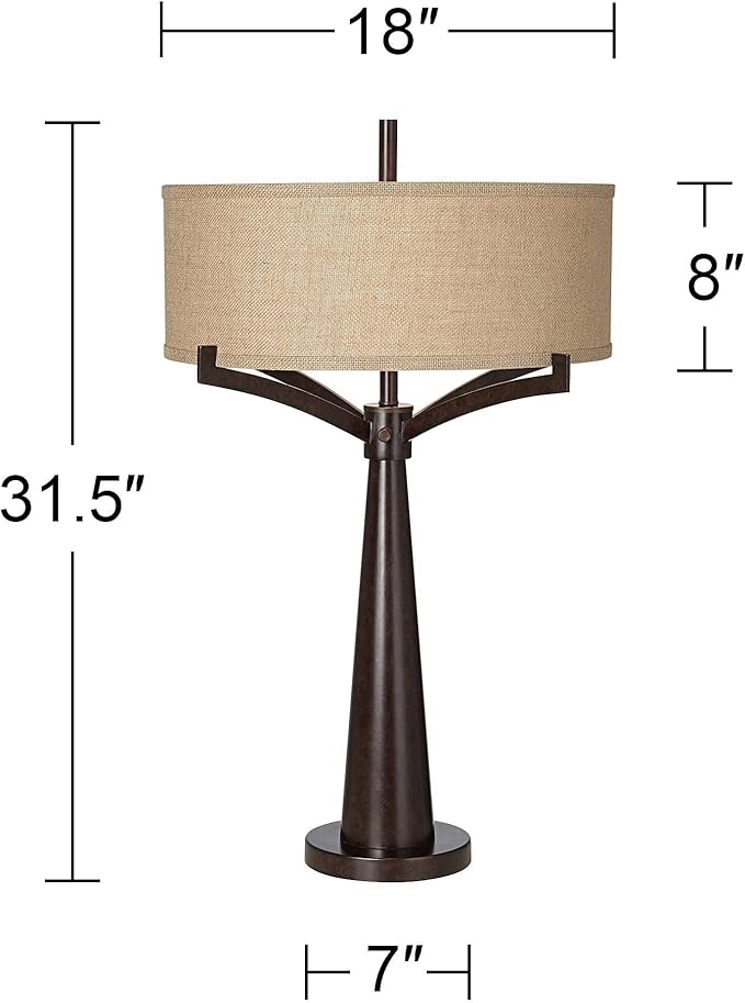 Franklin Iron Works Tremont Rustic Farmhouse Table Lamp 31 1/2" Tall Allegheny Bronze Brown Iron Burlap Fabric Drum Shade for Bedroom Living Room House Home Bedside Nightstand Office Entryway Kids