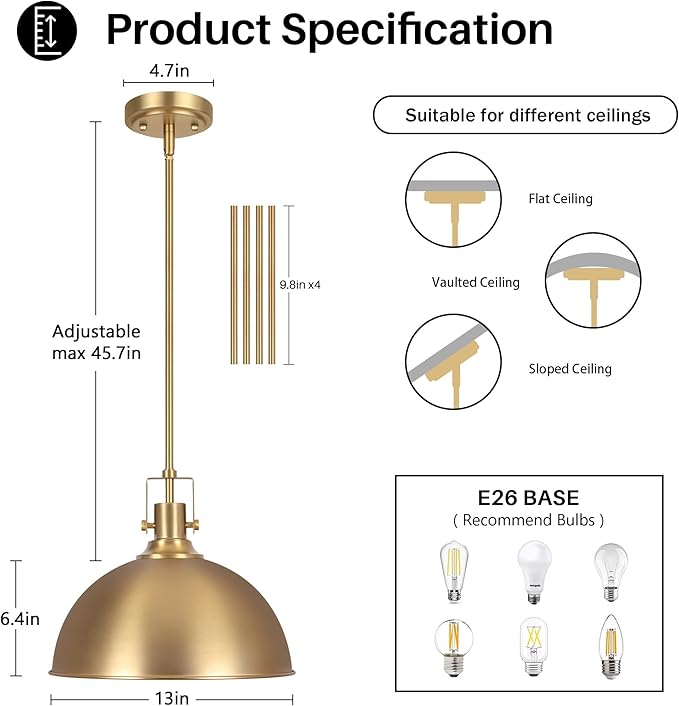 LamQee 13 Inch Brushed Gold Metal Pendant Light Kitchen Island, Farmhouse Modern Dome Pendant Light Fixtures Ceiling Hanging Lighting Chandelier for Dining Room Over Table, Bar, Hallway, Entryway