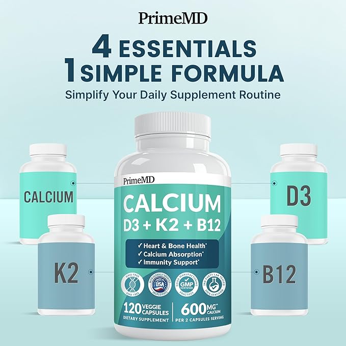 4-in-1 Calcium Supplements for Women & Men - Calcium Citrate with D3 K2 Vitamin 5000 IU - Calcium 600mg with Vitamin D3 K2 - Everyday Vitality Supplement - Vegan-Friendly, Gluten-Free (480 Capsules)