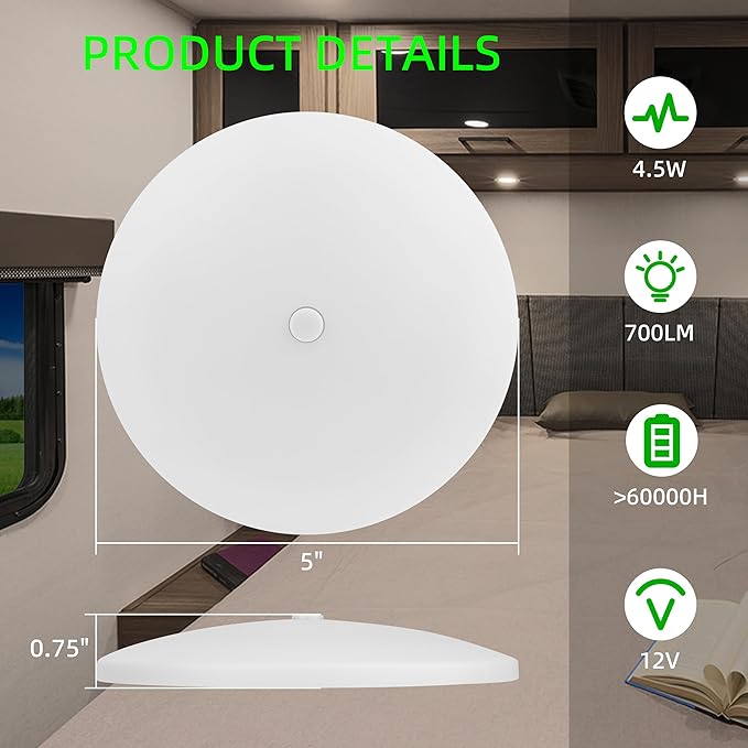 RV Light Interior 12V, 5Inch RV Ceiling Dome Light, RV LED Puck Light with ON/Off Switch, 700LM Camper Lights Fixture for RV Boat Camper Trailer Car (3200K Warm White, 6PCS)