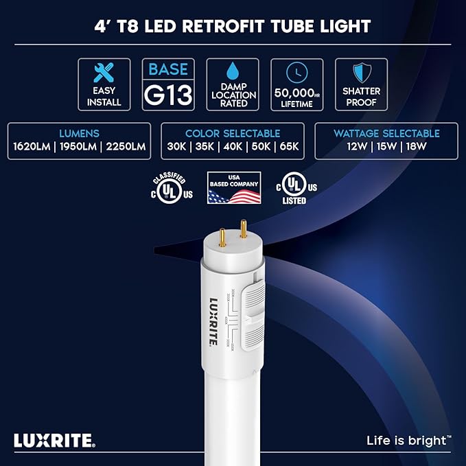 LUXRITE 4FT LED Tube Light, T8, 12W/15W/18W, 5CCT 3000K-6500K, 1620/1950/2250LM, 220°, Ballast Compatible or Bypass, Single/Double End, Fluorescent Replacement, Damp Rated, UL and DLC Listed (4 Pack)