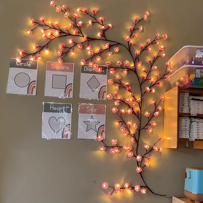 Cherry LED Tree Branch Lights for Wall, Cherry Blossom Willow Vine Twig Decor Garland with 144 LED Lights and Remote,8 Lighting Modes,Christmas Decorations Indoor for Home Wall Door Window (90inch)
