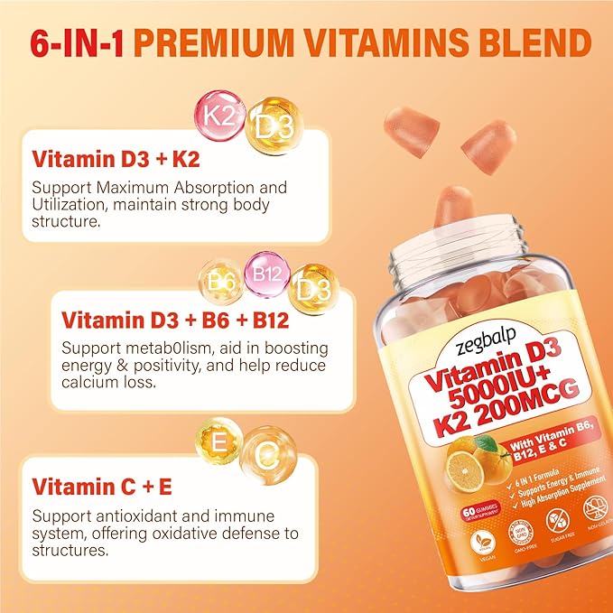 2 paquets de gommes Vitamine D3 K2 pour adultes, complément sans sucre Vitamine D3 5000UI + K2(MK-7) 200mcg avec complexe Vitamine B & Vitamine C E Soutient les os, les muscles, les dents & le système immunitaire, végétalien, sans gluten