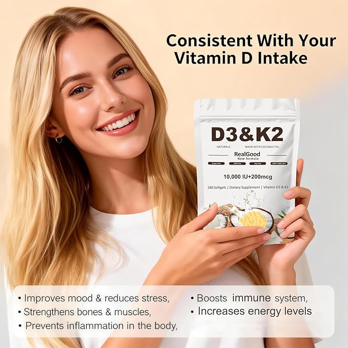 Real Good essentials VitaminD3 & K2 Coconut Oil Softgels Capsules | D3 10,000 IU + K2 MK-7 200 mcg | Upgraded High-Potency Formula for Bone, Immune Health, Boosts Energy & Calcium Absorption (1pc)