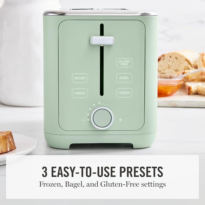 Martha Stewart 2 Slice Toaster, 10 Shade Settings with Defrost, Cancel, Bagel & Gluten-Free, Extra-Wide Self-Centering Slots for Waffles & Artisan Bread, Removable Crumb Tray, Cord Wrap, Honeydew