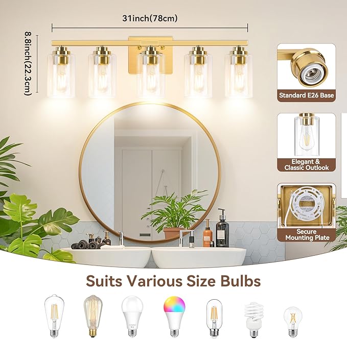 VerRon 5-Light Gold Bathroom Light Fixtures, 31" Modern Vanity Lights Over Mirror with Clear Glass Shades,Brushed Gold Wall Light Fixture for Bathroom Mirror Bedroom Porch, Hardwired Wall Sconces
