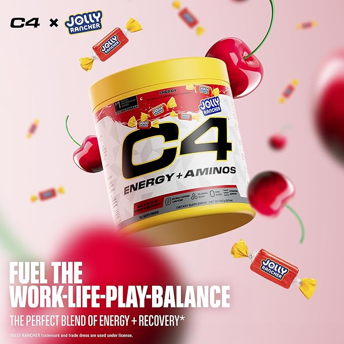 C4 Energy + Aminos Powder Jolly Rancher Cherry, 5g BCAAs & EAAs for Muscle Recovery, 3 Electrolytes for Hydration, 100mg Natural Caffeine, Pre Workout, Zero Sugar, 30 Servings