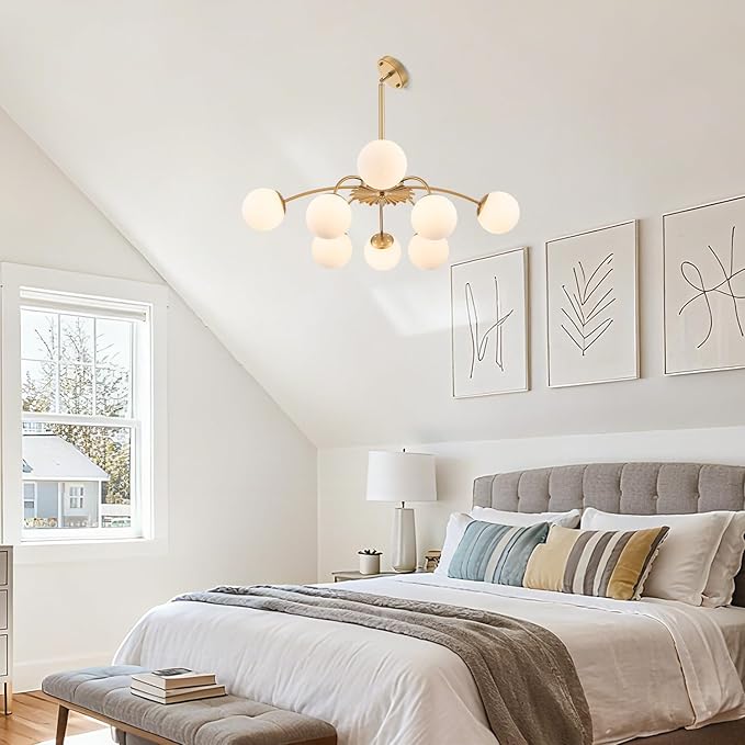 8-Light Milk Glass Pendant Light, 33" Sputnik Bubble Glass Chandelier Light Fixture, Hand Blown Semi Flush Mount Ceiling Chandeliers Lighting for Dining Room, Living Room (Gold, 8-Light Chandelier)