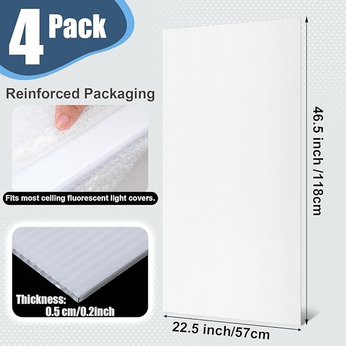 Pushglossy 4 Pack 22.5" x 46.5" x 0.2" Fluorescent Light Covers Classroom Office Diffuser Panels Cuttable for 2x4ft Drop Ceiling Light Polycarbonate Replacement Cover for Hospitals Home (Milky White)