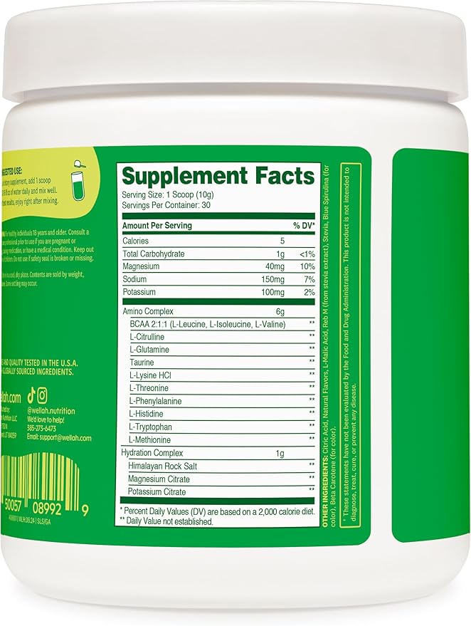 Wellah BCAAs (Green Apple Flavored) 30 Servings - BCAA Powder with Hydration Complex