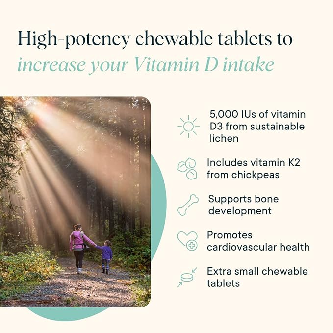 Ora Organic ビタミンD3 5000IU + K2 - 骨の健康、免疫サポート、気分に役立つ、地衣類由来のビーガンビタミンDとひよこ豆由来のK2、最大吸収 - 1ヶ月分、チュアブルタブレット30錠（2個パック）
