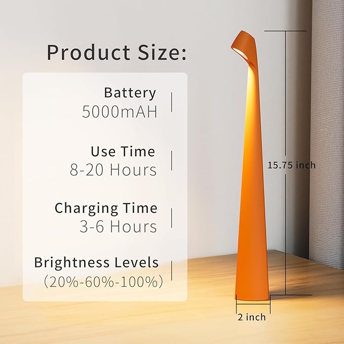 HAPYGI Portable Cordless LED Desk Lamp, Rechargeable Wireless Table Lamp, 3-Level Brightness, Patio & Bedside Night Light, Dining Room Ambient Reading Light (Orange)