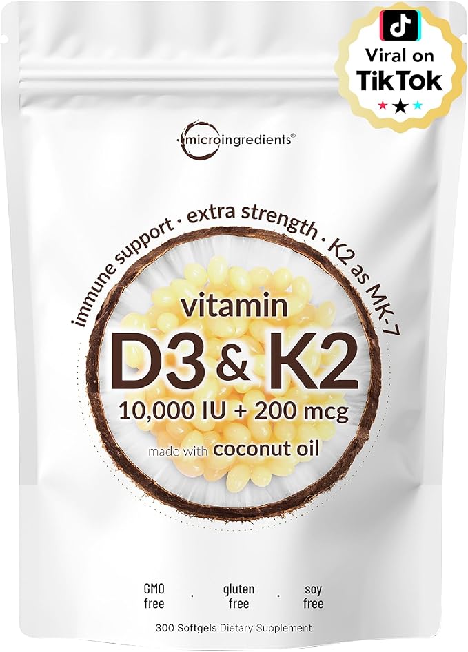 Micro Ingredients Vitamine D3 10 000 UI + K2 200 µg Gélules molles d'huile de coco & Supplément Crinière de Lion 240 gélules végétales Lot de 2 | Vitamines essentielles du soleil | Antioxydants aux champignons superaliments avec L-