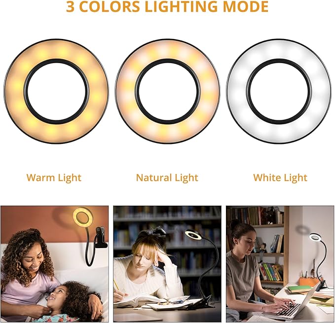 Woputne Desk Clip on Lamp for Reading Home Office, with 5V 2A Adapter, 10 Dimmable Brightness 3 Modes, Clamp Reading Light for Bed Headboard, Craft (2packs, Black)…