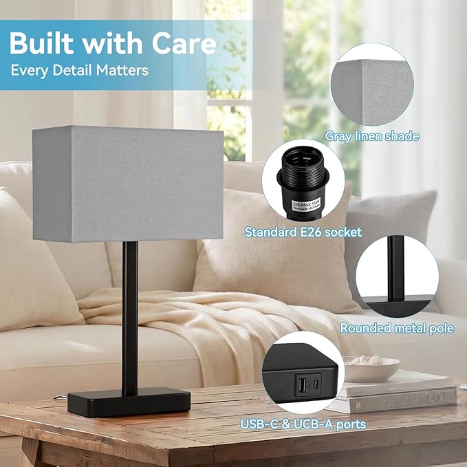 Hong-in Touch Lamps for Bedroom - 3-Way Dimmable Bedside Lamps Set of 2 with USB C+A, Grey Modern Table Lamp for Night Stands, Desk Lamp for Living Room Nightstand End Tables Bed Side