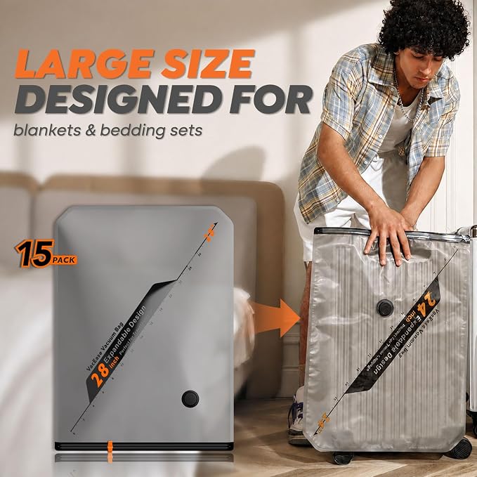 Rechargeable Wireless Pump Travel Storage Bags Set - 15 Pack Large Size Vacuum Bags for Travel & Home, Space-Saving Compression Packing for Clothes, Blankets & Bedding