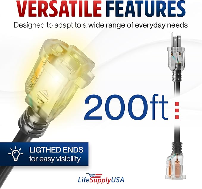 200ft Outdoor/Indoor Extension Cord 16/3 Gauge Heavy Duty 3 Prong SJTW, Waterproof, Flexible Cold-Resistant Long Power Cord,125 Amp 750W, Black by LifeSupplyUSA